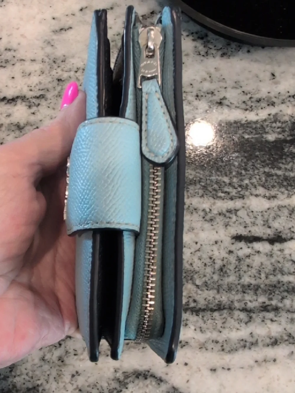 Coach Light Blue Leather Compact Wallet with Silver Logo - Picture 5 of 9